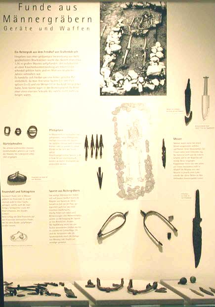 In der Mitte das Reitergrab 60 von Kulmbach- Grafendobrach mit Sporengarnitur und Pfeilspitzen.       Klicken: Zeichnung und Funde vergrößern  